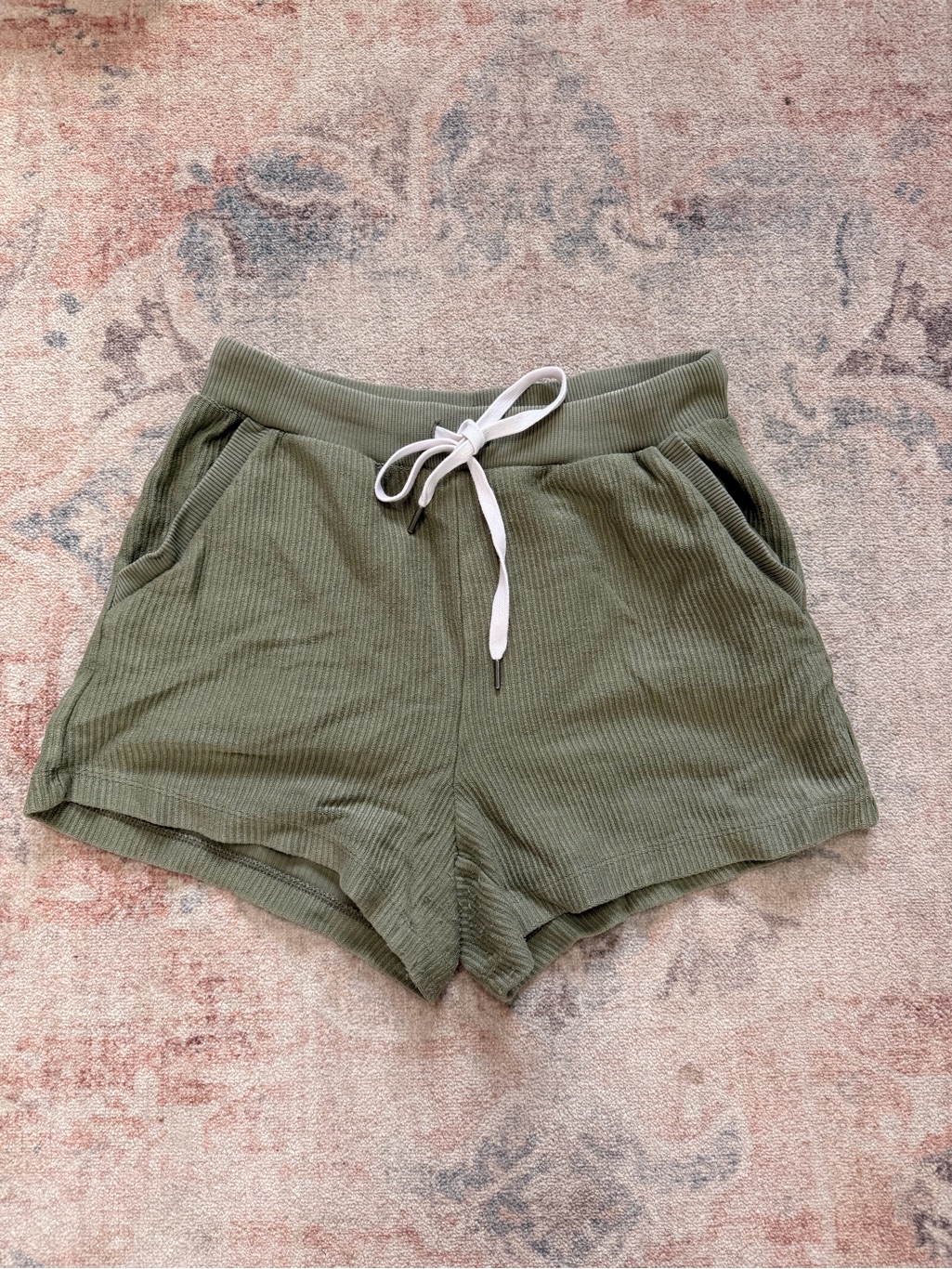 Aerie Olive Ribbed Lounge Shorts With White Drawstring Accent
